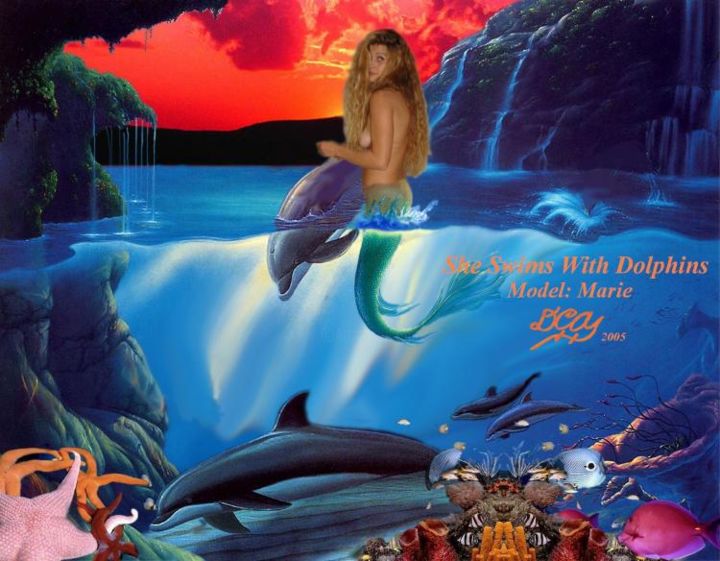 Digitale Kunst mit dem Titel "She Swims With Dolp…" von Dc Alt, Original-Kunstwerk