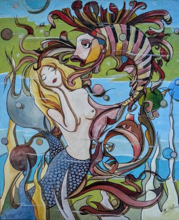 Peinture intitulée "la sirene et le cha…" par Philippe Sidot Et Charlotte Carsin, Œuvre d'art originale