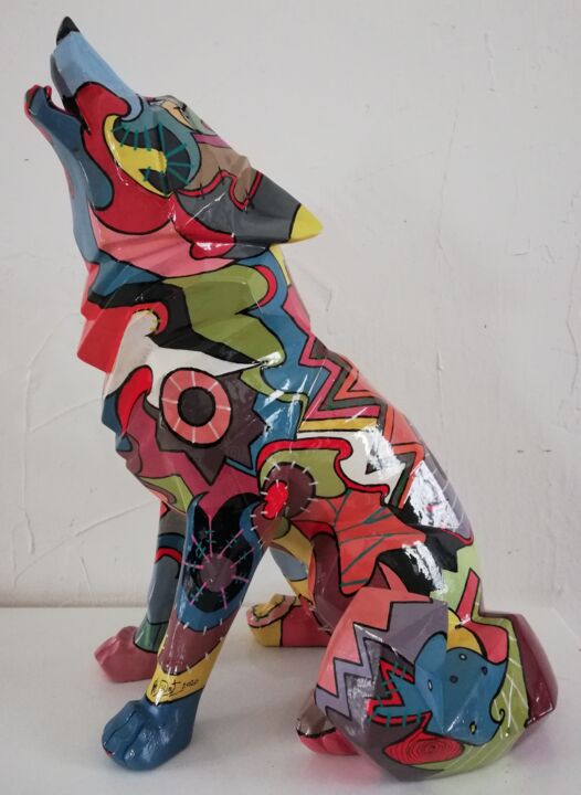 Sculpture titled "Loup hurlant" by Philippe Sidot Et Charlotte Carsin, Original Artwork, Resin