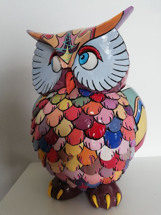 Sculpture titled "Hibou coucou" by Philippe Sidot Et Charlotte Carsin, Original Artwork, Resin