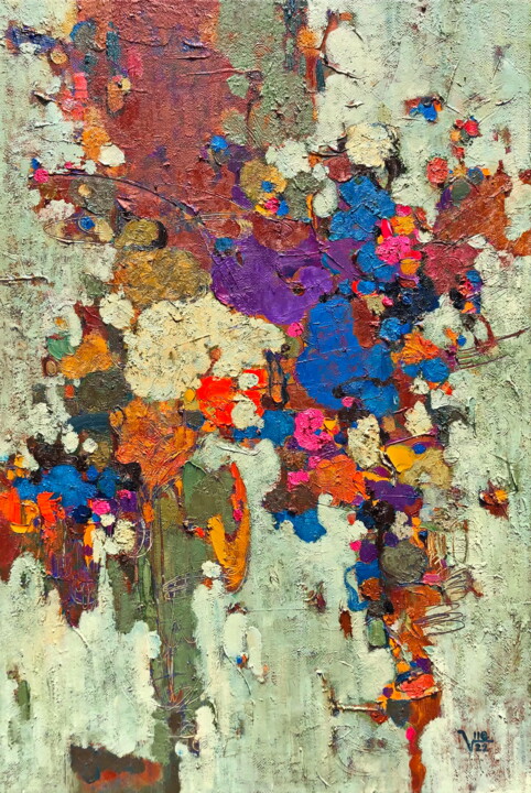 Картина под названием "Khu vườn mùa hạ" - Phung Van Tue, Подлинное произведение искусства, Масло Установлен на Деревянная ра…