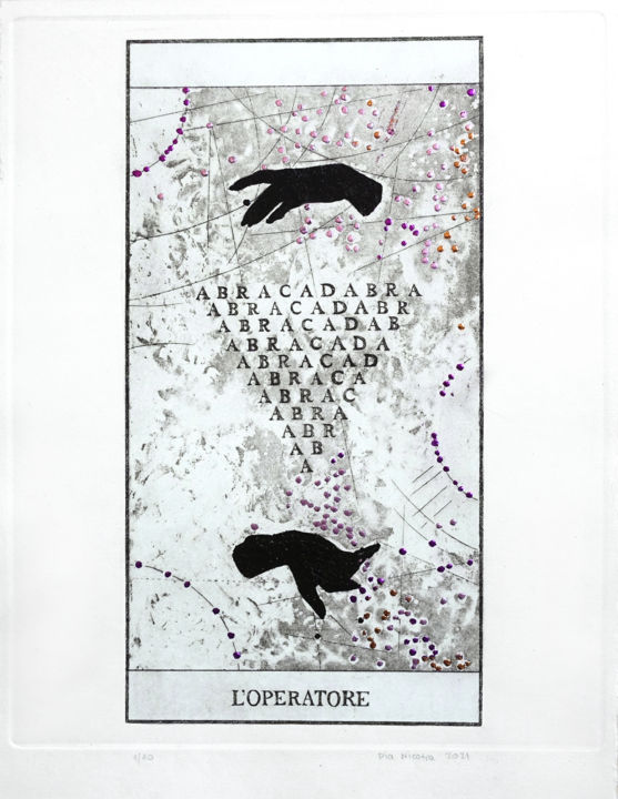 "L'Operatore" başlıklı Baskıresim Pia Nicotra tarafından, Orijinal sanat, Oyma baskı 