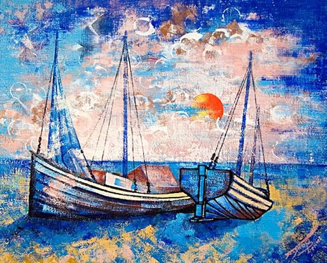 Painting titled "Boats near to Novgo…" by Denis Pianoff, Original Artwork