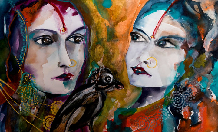 Painting titled "Intimité indienne" by Véronique Piaser-Moyen, Original Artwork, Watercolor