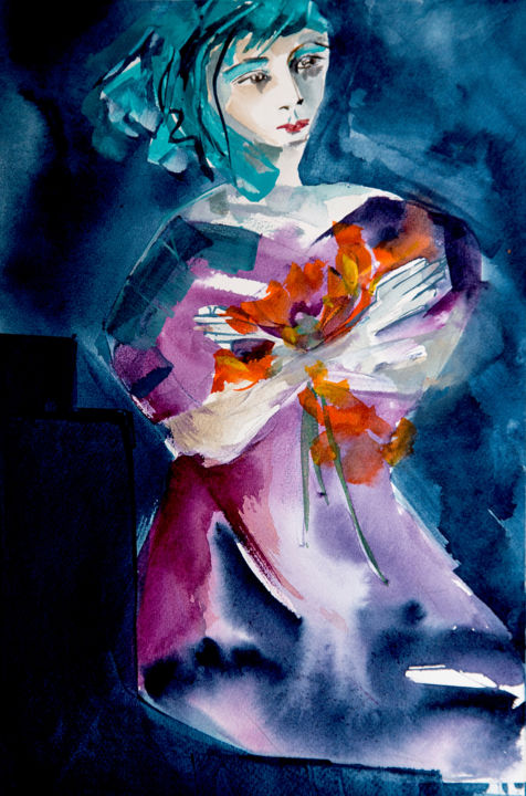 Malarstwo zatytułowany „Femme blues 05” autorstwa Véronique Piaser-Moyen, Oryginalna praca, Akwarela
