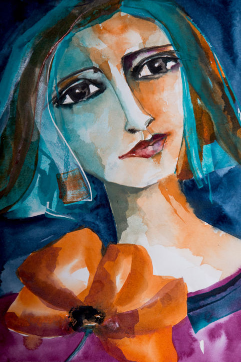 Peinture intitulée "Femme Blues 16" par Véronique Piaser-Moyen, Œuvre d'art originale, Aquarelle