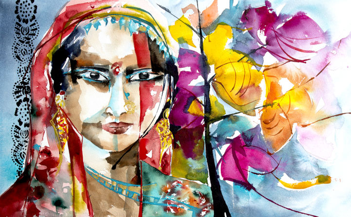 Painting titled "La Gypsy aux moulin…" by Véronique Piaser-Moyen, Original Artwork, Watercolor