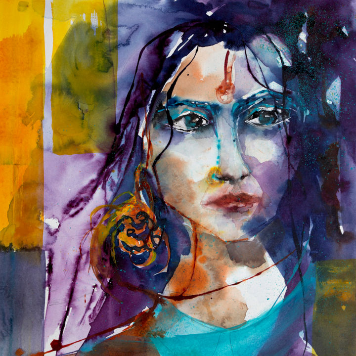 Painting titled "Sarayu-L'inde en fa…" by Véronique Piaser-Moyen, Original Artwork, Watercolor