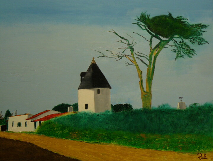 Peinture intitulée "Ars en Ré, le mouli…" par Pich, Œuvre d'art originale, Huile Monté sur Châssis en bois