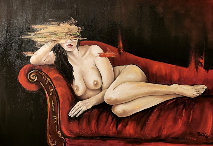 Painting titled "Nudo sul divano" by Pier Bertig, Original Artwork, Oil Mounted on Wood Stretcher frame