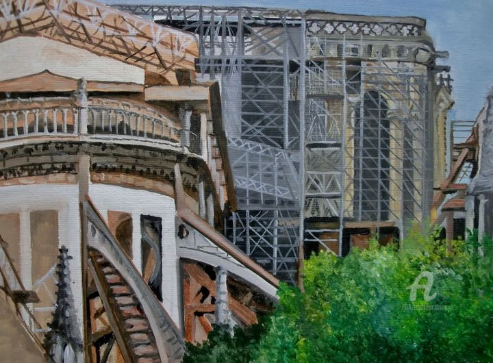 Pintura titulada "Rénovation de NOTRE…" por Pierre Barcelo, Obra de arte original, Oleo Montado en Bastidor de camilla de ma…