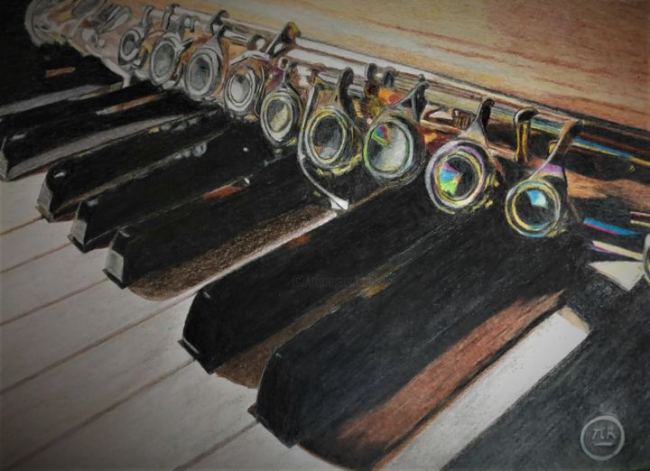 Dibujo titulada "Flûte sur piano" por Pierre Bayet, Obra de arte original, Lápiz