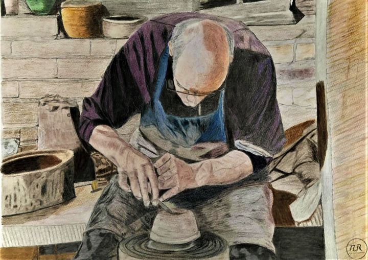 Dessin intitulée "Travail du potier" par Pierre Bayet, Œuvre d'art originale, Crayon