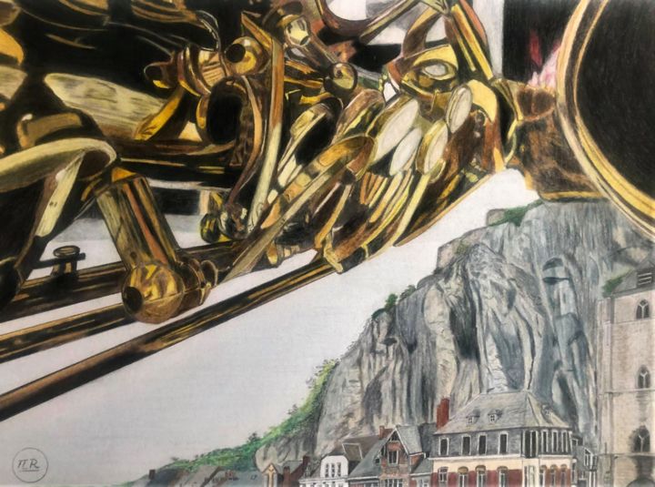 Drawing titled "Un saxophone plane…" by Pierre Bayet, Original Art, Pencil