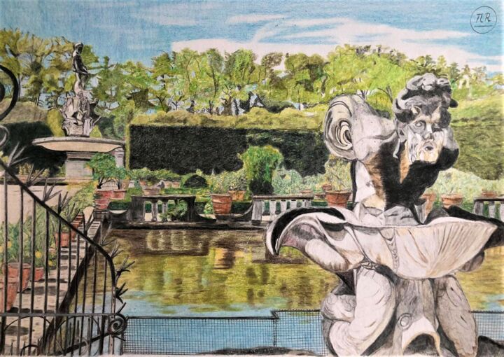 「Jardin de Boboli」というタイトルの描画 Pierre Bayetによって, オリジナルのアートワーク, 鉛筆