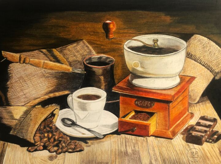 Drawing titled "Café gourmand" by Pierre Bayet, Original Artwork, Pencil