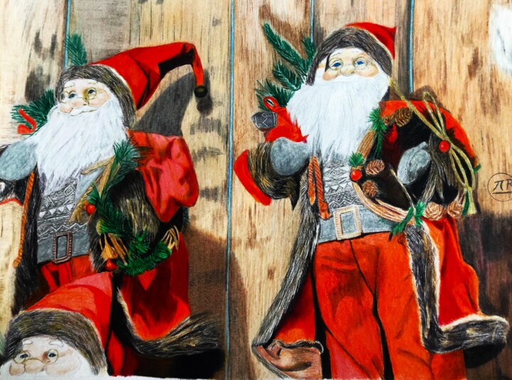 Dessin intitulée "Pères Noël" par Pierre Bayet, Œuvre d'art originale, Crayon