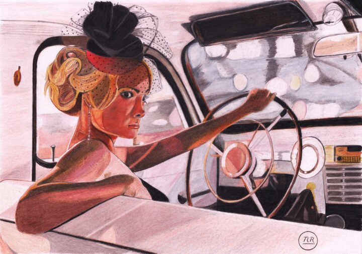 Dessin intitulée "L'élégance au volant" par Pierre Bayet, Œuvre d'art originale, Crayon