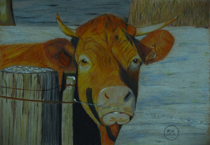 Dessin intitulée "Une vache en hiver" par Pierre Bayet, Œuvre d'art originale, Crayon