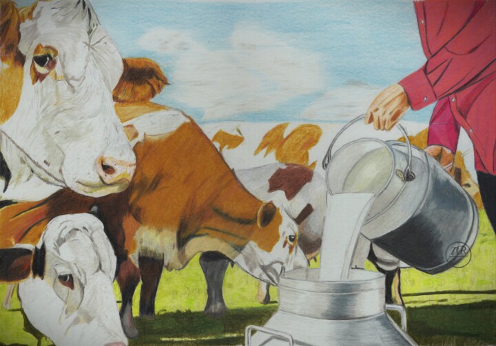 Dessin intitulée "Récolte de lait" par Pierre Bayet, Œuvre d'art originale, Crayon