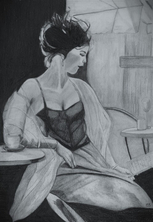 Zeichnungen mit dem Titel "Dame en terrasse" von Pierre Bayet, Original-Kunstwerk, Bleistift