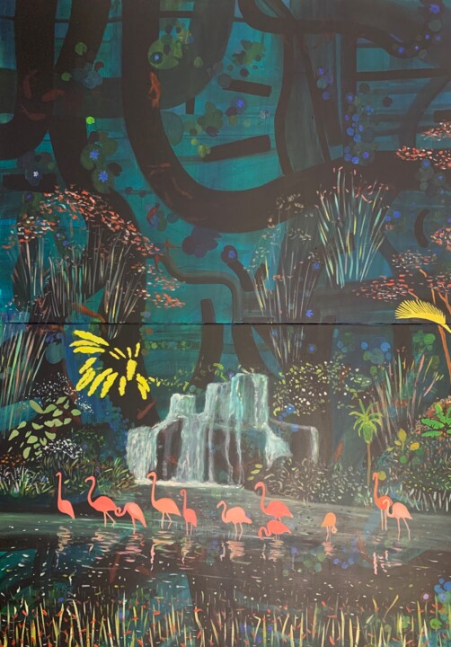 Malerei mit dem Titel "Nuit dans la jungle" von Pierre Carret, Original-Kunstwerk, Acryl