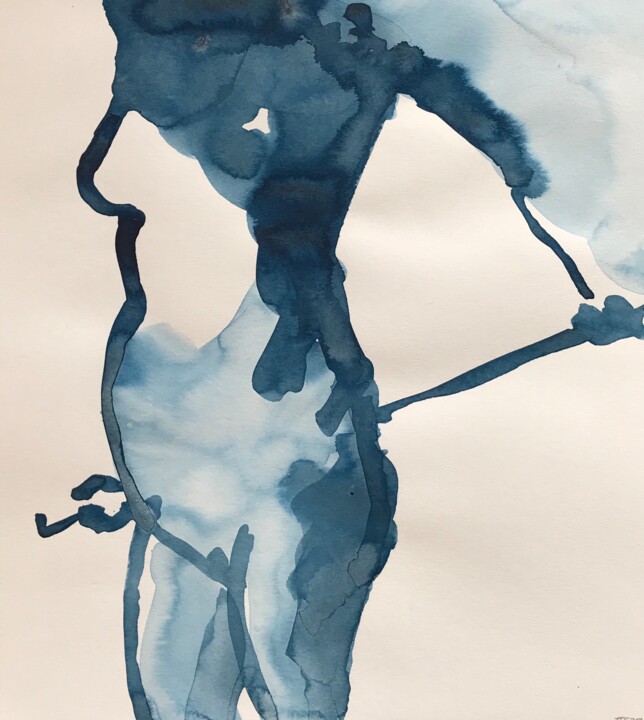 Peinture intitulée "Nu au bâton" par Pierre Charpentier, Œuvre d'art originale, Encre