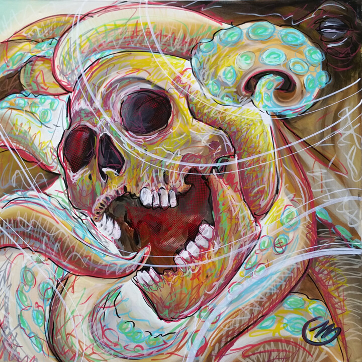 Peinture intitulée "skull octopus" par Pierre Emile Andre (13), Œuvre d'art originale, Acrylique
