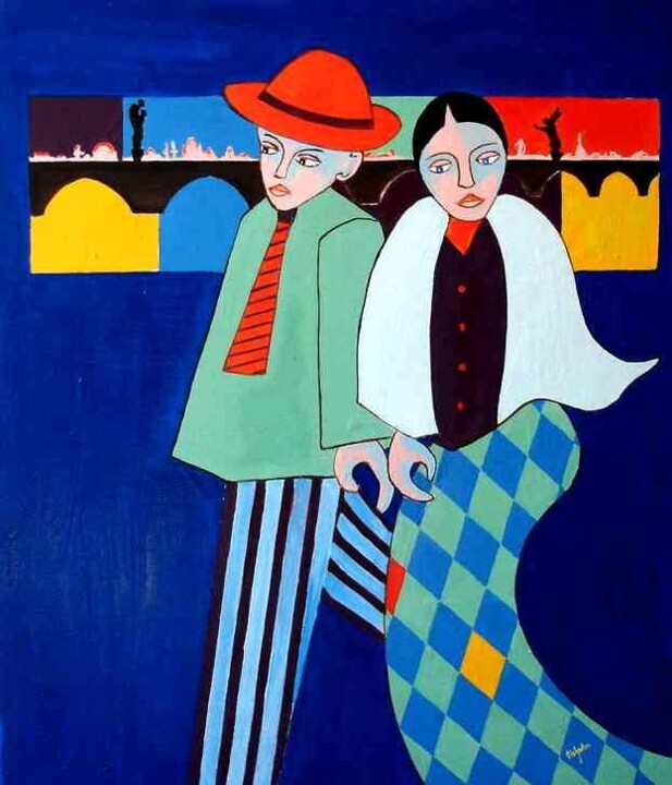 Peinture intitulée "un soir sur le pont…" par Pierre Laurent Tichadou, Œuvre d'art originale, Huile
