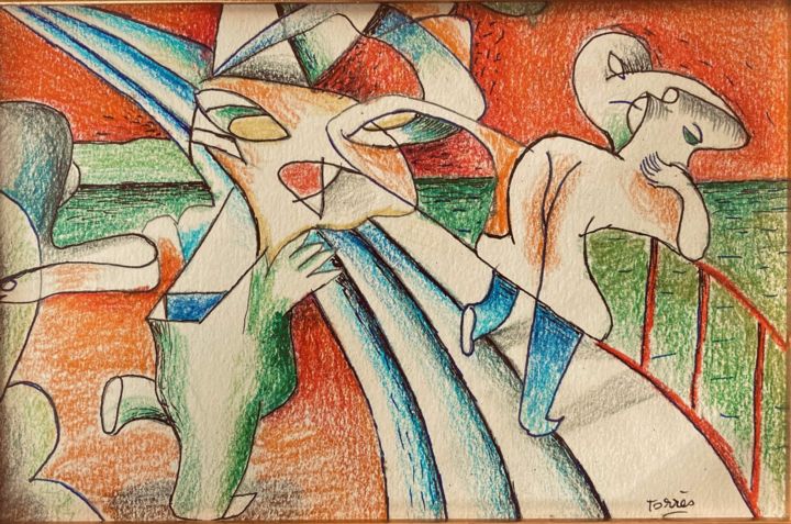 Disegno intitolato "La Passerelle 2" da Pierre-Louis Torres, Opera d'arte originale, Matite colorate