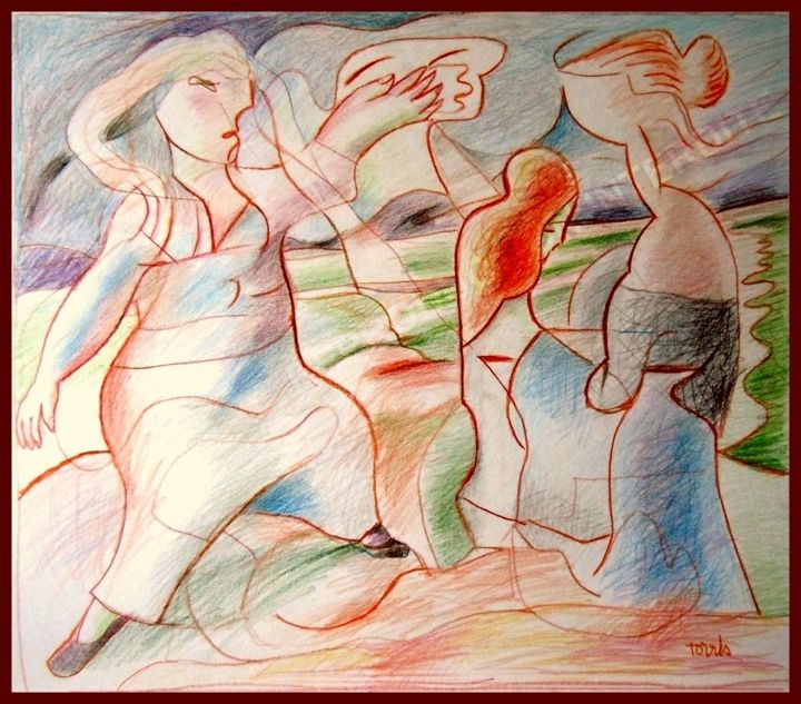 Drawing titled "Les Bretonnes" by Pierre-Louis Torres, Original Artwork, Conté