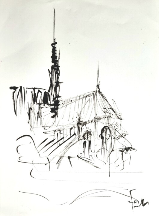 Drawing titled "Notre Dame de Paris…" by Pierre Milosavljevic, Original Artwork, Ink