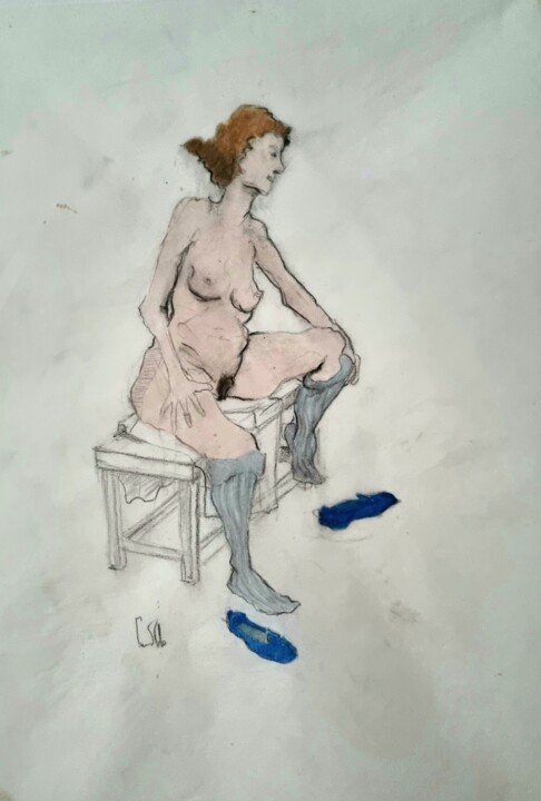 Drawing titled "Femme assise sur un…" by Pierre Milosavljevic, Original Artwork, Charcoal