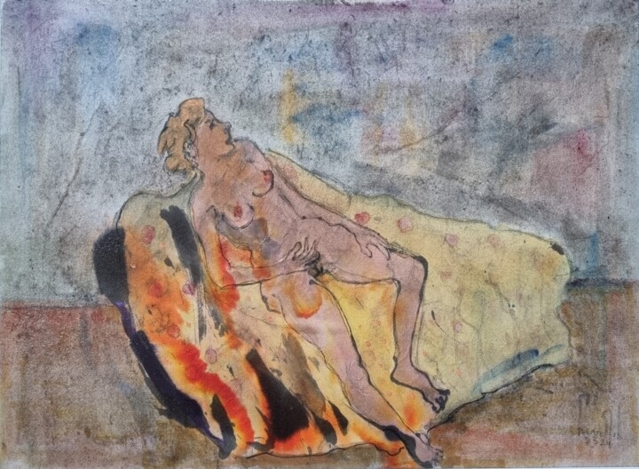 Pittura intitolato "Nue allongée" da Pierre Milosavljevic, Opera d'arte originale, Acquarello Montato su Cartone