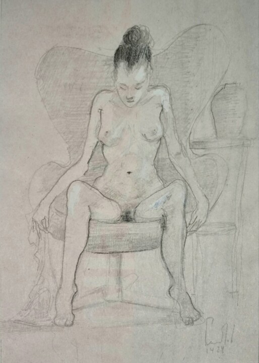 Disegno intitolato "Femme Nue assise da…" da Pierre Milosavljevic, Opera d'arte originale, Matita