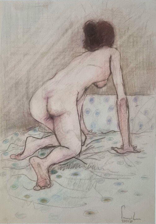 Dibujo titulada "Femme nue se coucha…" por Pierre Milosavljevic, Obra de arte original, Lápiz