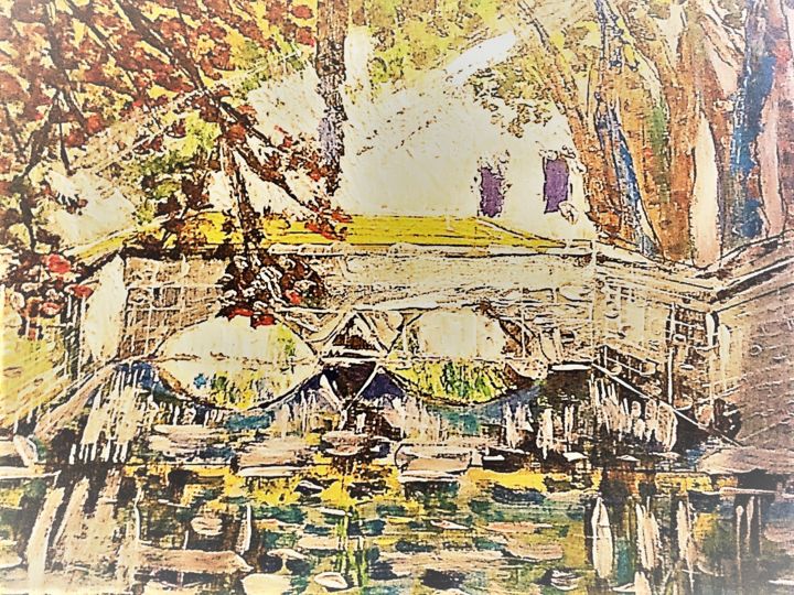 Peinture intitulée "pond du jardin" par Omega Pierre, Œuvre d'art originale, Acrylique