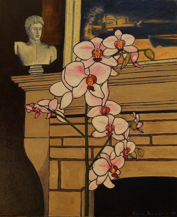 Peinture intitulée "Cheminée et orchidé…" par Pierre Paszkowski, Œuvre d'art originale, Huile