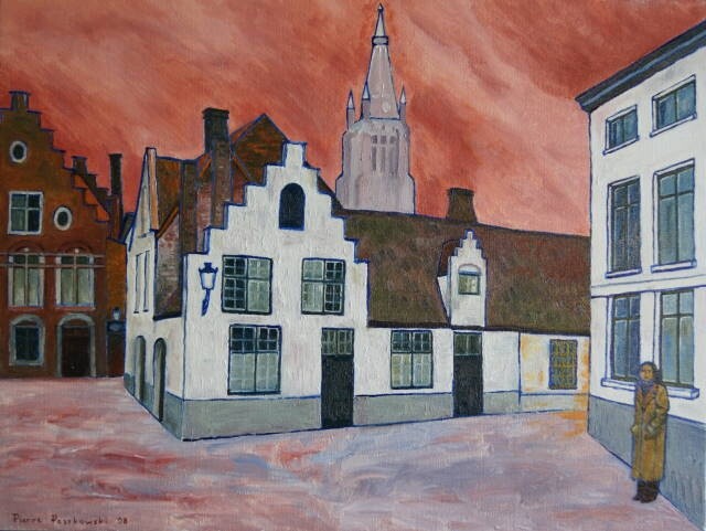 Картина под названием "Bruges Walplaats" - Pierre Paszkowski, Подлинное произведение искусства, Масло