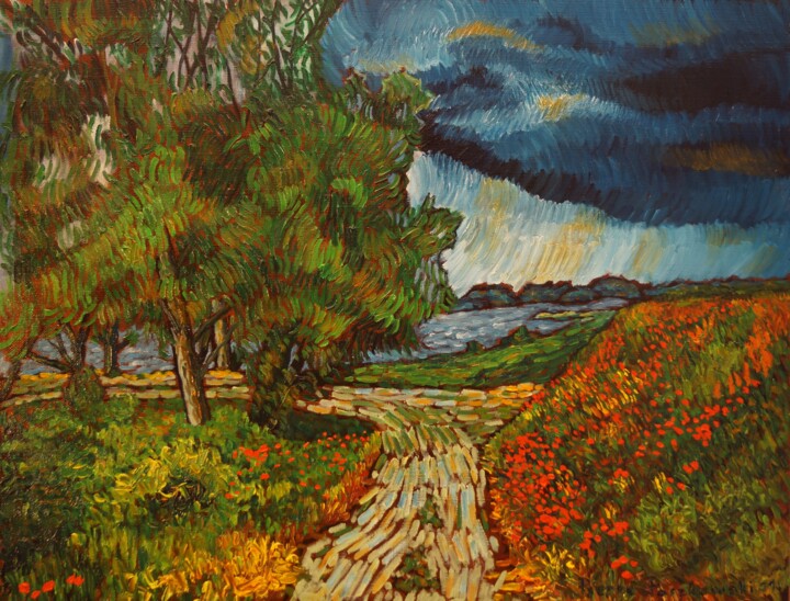 Painting titled "Chemin au bord du l…" by Pierre Paszkowski, Original Artwork, Oil