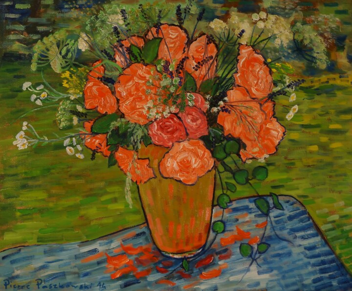 Painting titled "Roses oranges" by Pierre Paszkowski, Original Artwork, Oil
