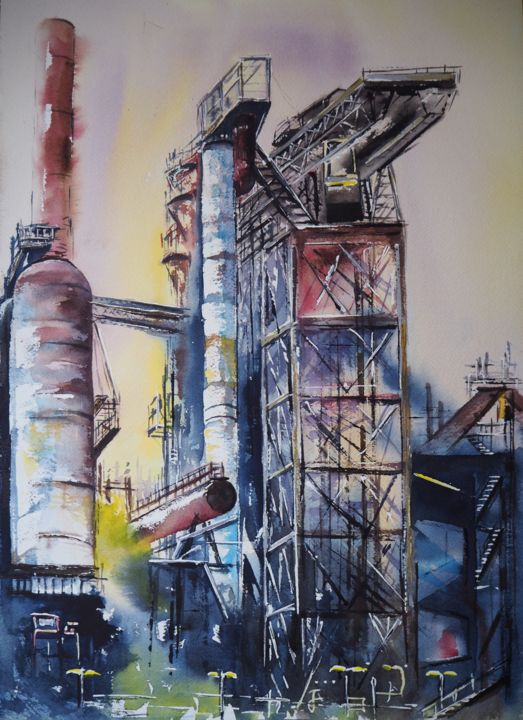 Painting titled "Haut fourneau U4 à…" by Pierre Patenet, Original Artwork, Watercolor