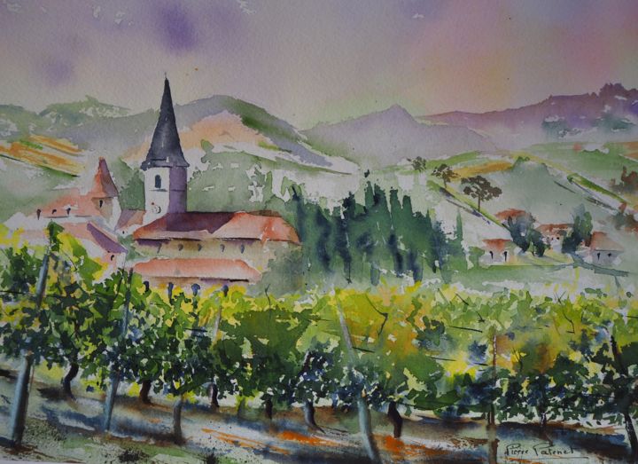 Painting titled "Village d'Igé." by Pierre Patenet, Original Artwork, Watercolor Mounted on Cardboard