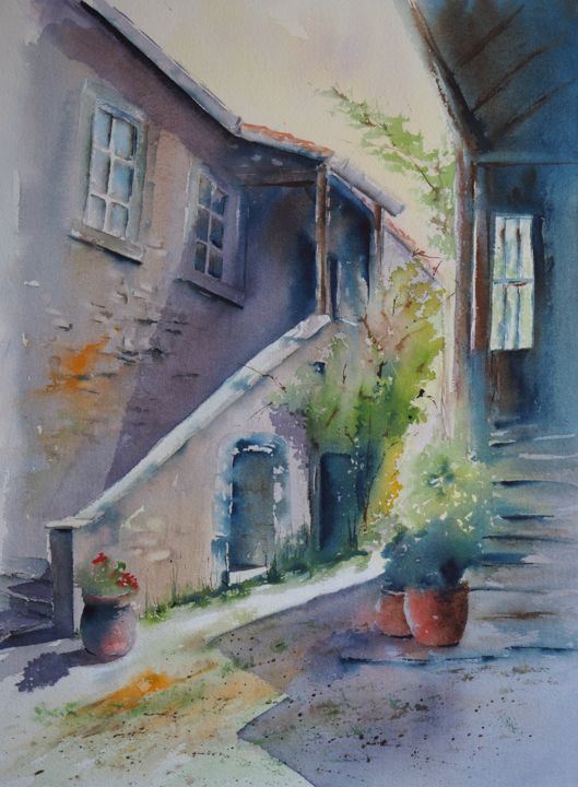 Painting titled "Fond de cour à Besa…" by Pierre Patenet, Original Artwork, Watercolor