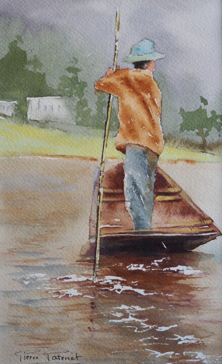 Painting titled "pêcheur en Thailande" by Pierre Patenet, Original Artwork, Watercolor