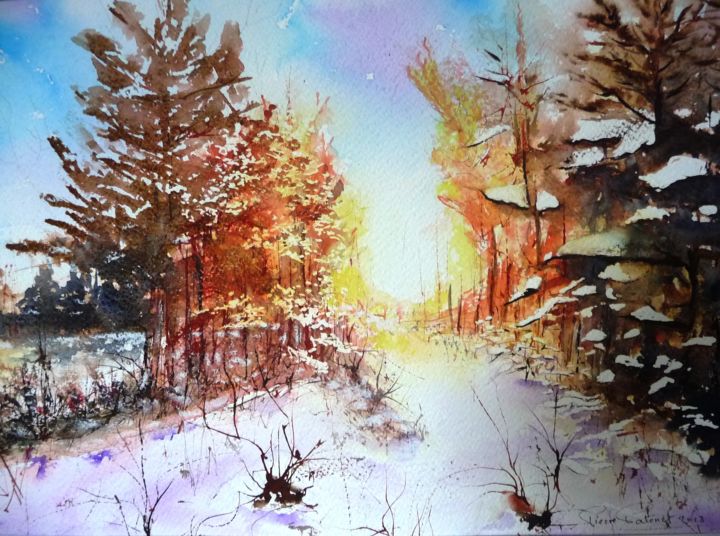 Painting titled "Paysage hivernal" by Pierre Patenet, Original Artwork, Watercolor