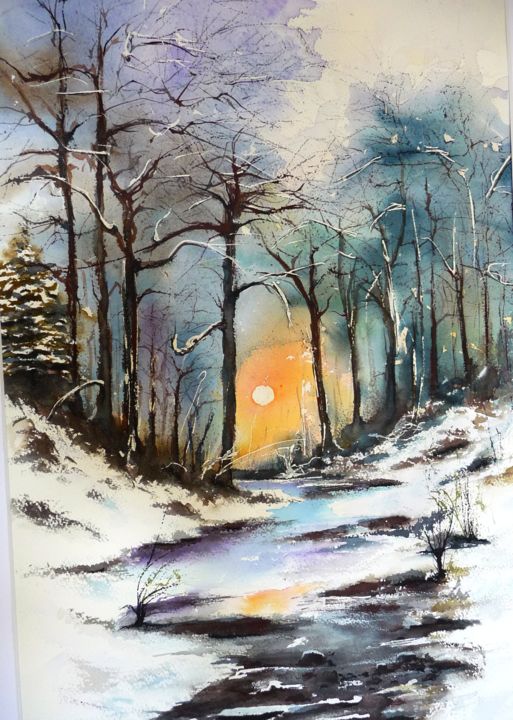 Painting titled "Paysage hivernal (E…" by Pierre Patenet, Original Artwork, Watercolor