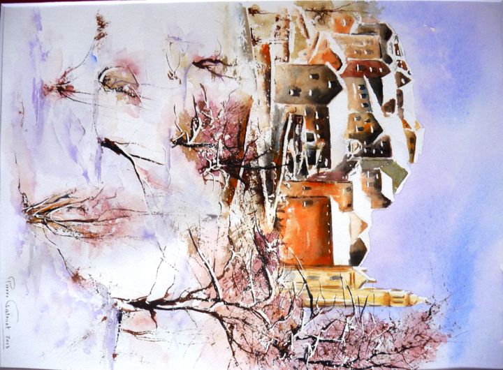 Painting titled "Village de Tralonca…" by Pierre Patenet, Original Artwork, Watercolor