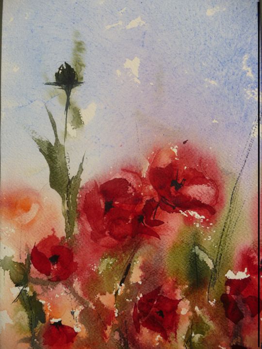 Painting titled "Coquelicots." by Pierre Patenet, Original Artwork, Watercolor