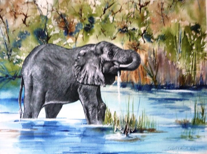 Peinture intitulée "L'éléphanteau" par Pierre Patenet, Œuvre d'art originale, Aquarelle